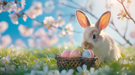 Easter bunny rabbit and Easter eggs in the basket on green grass field in spring