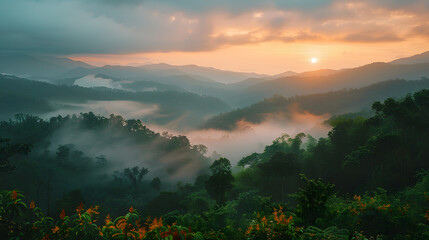 A photo of the Doi Inthanon National Park, with misty mountains as the backdrop