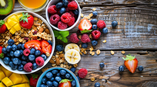 Healthy breakfast on a wood table surface. top view. health food, fitness food. low fat, low calorie.