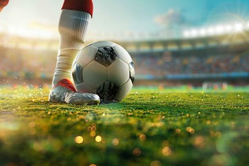 Close-up of a football player with a ball on a green football field at the stadium, a football...