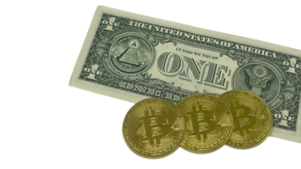 Three golden Bitcoin coins are overlaid on the corner of a one-dollar bill with a clear white background, representing the juxtaposition of cryptocurrency and traditional currency. PNG