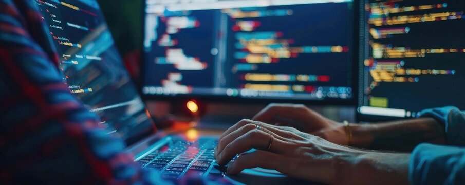 Programmer hands coding on computer screen