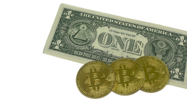 Three golden Bitcoin coins are overlaid on the corner of a one-dollar bill with a clear white background, representing the juxtaposition of cryptocurrency and traditional currency. PNG