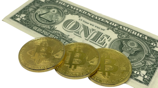 Three Bitcoin coins on a US dollar note, symbolizing the mix of digital and traditional currency. PNG transparent background. Layout, mockup, frame, banner 