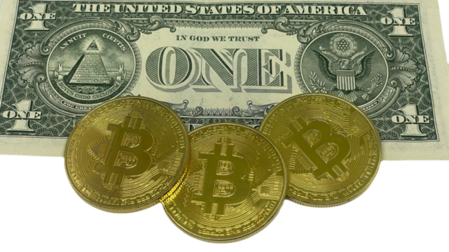 Three golden Bitcoins on a dollar bill corner; digital vs. fiat currency concept; space for text; PNG.