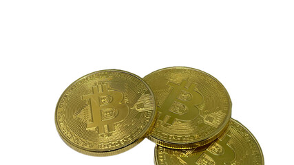 A close-up of three gold Bitcoins with ample copy space, ideal for finance and cryptocurrency topics. Premium PNG for mockups 