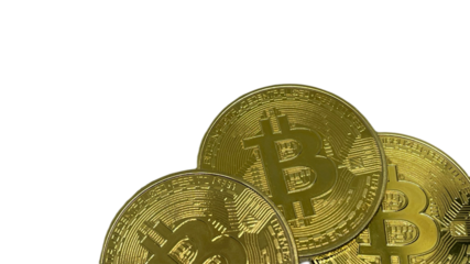 Three Bitcoin coins isolated on a white background, indicative of cryptocurrency investment, likely a PNG image for financial use.