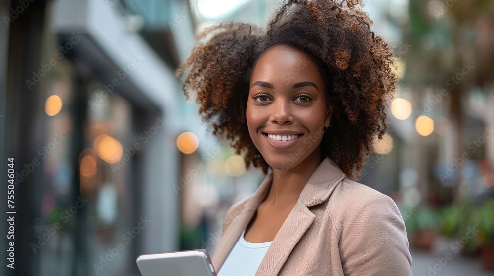 Wall mural portrait of a successful business woman using digital tablet in front of modern business building