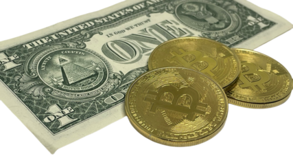 Bitcoins and a one-dollar bill represent the fusion of digital and traditional currencies, likely in PNG format for finance-related imagery. 