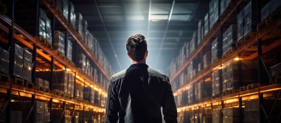 A man is standing in a warehouse observing the shelves in the darkness, contemplating the fictional characters stored within. The building facade hints at a city of entertainment and public events