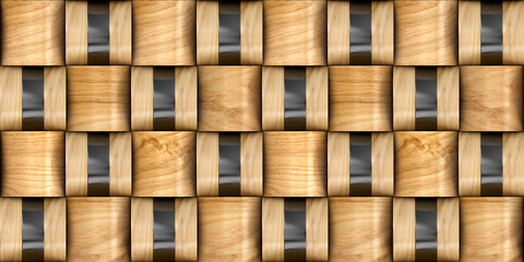 Basketry 3d tiles with black decor. Material wood oak and black plastic. Quality seamless realistic texture and mix Basketry 3d tiles with gold decor. Material wood oak and gold metal.
 - obrazy, fototapety, plakaty