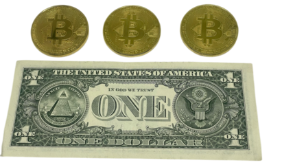 Three Bitcoin coins are neatly aligned above a US one-dollar bill, juxtaposition of cryptocurrency with conventional fiat money, suggesting themes of financial evolution and diversification, PNG 