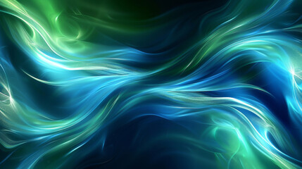 Abstract futuristic background, blending high-speed light trails swirl with a technological essence, in cool tones of blue and green