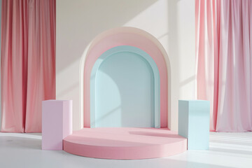 Chic and stylish podium stand, with minimal style and pastel color, for presenting cosmetic product