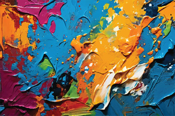 Abstract colorful oil painting . Oil paint texture with brush and palette knife strokes. Multi colored wallpaper. Macro close up acrylic background. Modern art concept. Horizontal fragment. Paints.