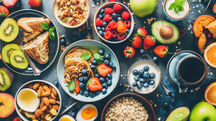 Healthy breakfast on a wood table surface. top view. health food, fitness food. low fat, low calorie.