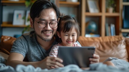 father and child using digital tablet for e learning education home digital device kid concept  