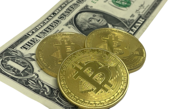 Golden Bitcoin coins on a slanted US one-dollar bill, highlighting the blend of cryptocurrency with traditional currency, ideal for financial and tech themes, PNG format background for mockup, layouts