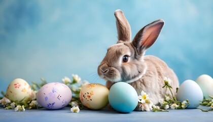 Fototapeta na wymiar Cute Easter Bunny Among Delicate Spring Flowers An