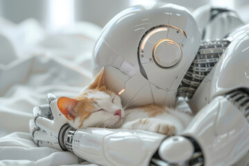 Futuristic robot with sleek design gently holding a sleeping cat, showcasing a bond between machine and pet in a soft, focused close-up