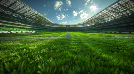An empty soccer stadium captured with lush green grass in the foreground, showcasing the vast...