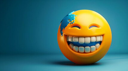 a smiley face with the world map on a blue background
