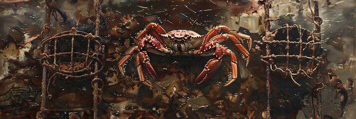 Iron traps cage with Red king crabs in the water, catching crabs from a ship, banner - obrazy, fototapety, plakaty