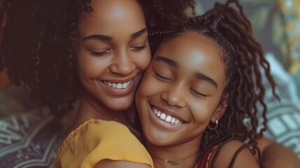 african american woman hugging her smiling teen daughter family love single parent child concept   - obrazy, fototapety, plakaty