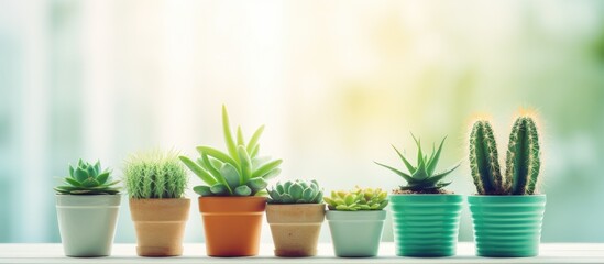 A row of various potted plants sitting neatly arranged on top of a wooden table. The greenery adds a touch of freshness to the indoor space, casting shadows in the soft natural light.