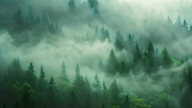 Beautiful landscape misty pine forest taken from a high angle