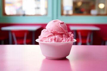A scoop of pink ice cream sits in a white bowl on a vibrant pink table, contrasting the red seats...