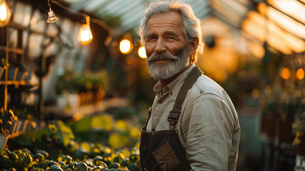 portrait of a grey-haired gardener in a greenhouse with seedlings - obrazy, fototapety, plakaty