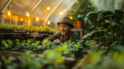farmer takes care of seedlings in a greenhouse