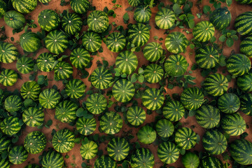 A drone shot of a field of watermelons. The green melons stand out against the brown soil.