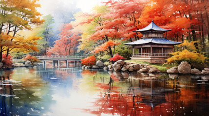 Serene watercolor artwork capturing the serene ambiance of a Japanese garden during the fall season.