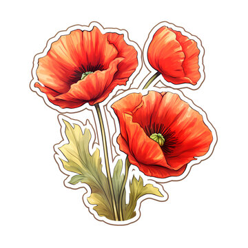 Poppy flower sticker printable. Beautiful red flowers for sticker printing