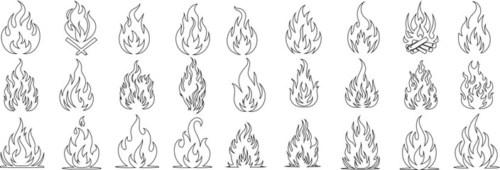 Fire, flame line art collection, vector illustrations for design. fire outlines on white background, diverse styles, perfect for icons, tattoos, decals