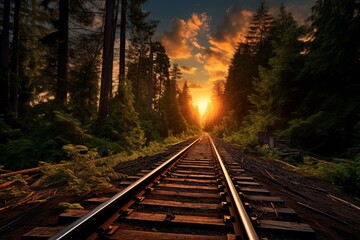 Naklejka premium Sun-drenched Railroad forest train sunlight. Industry travel. Generate Ai