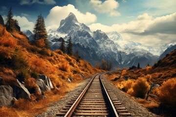 Majestic Railway mountains. Nature landscape scenic. Generate Ai - obrazy, fototapety, plakaty