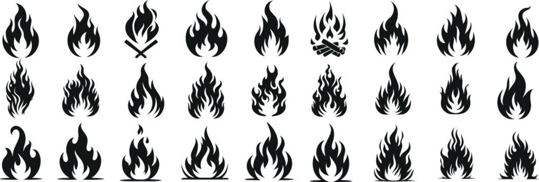 flame silhouette vector illustration, flame icons isolated on white. Perfect for logos, badges, stickers, tattoo designs. Unique shapes, high contrast, monochromatic. Ideal for graphic design elements