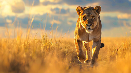 Majestic lioness leading her pride