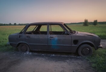 A burnt-out car. Car old burned by fire. Fire burned car.