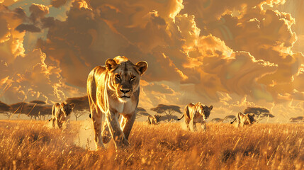 Majestic lioness leading her pride - obrazy, fototapety, plakaty