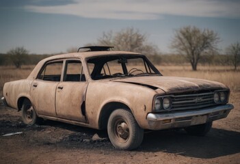 Fototapeta na wymiar A burnt-out car. Car old burned by fire. Fire burned car.