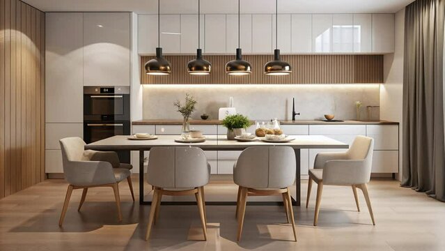 Luxurious kitchen with a minimalist concept and a dining table