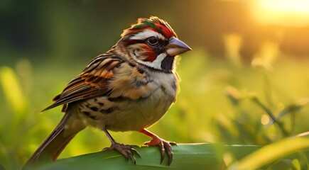 colorful sparrow sitting on the grass enjoying the sun set with green background 

