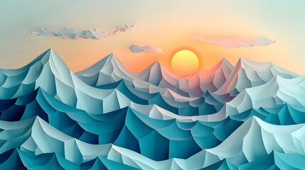 Mountains and Ocean at Sunset with Abstract Geometry, To provide a visually striking and unique representation of a coastal mountain scene for use in