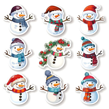 Sticker set of cartoon snowman on white background isolated