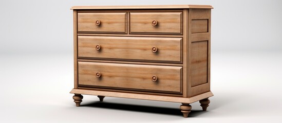 A wooden chest of drawers stands against a plain white background. The chest is constructed from wood and features multiple drawers for storage.