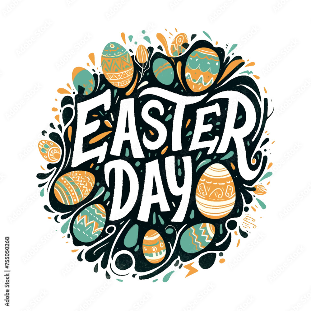 Poster easter day is a colorful and fun design with a variety of eggs. the eggs are scattered throughout th